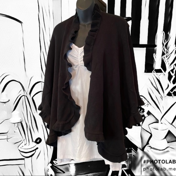 Sweaters - Deep Black Ruffled Cape Shawl Wrap Scarf Poncho 🥴☺️